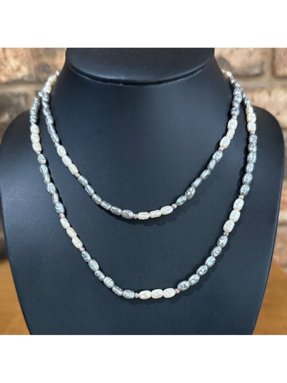 Gray and white faux freshwater rice pearl necklace 34”